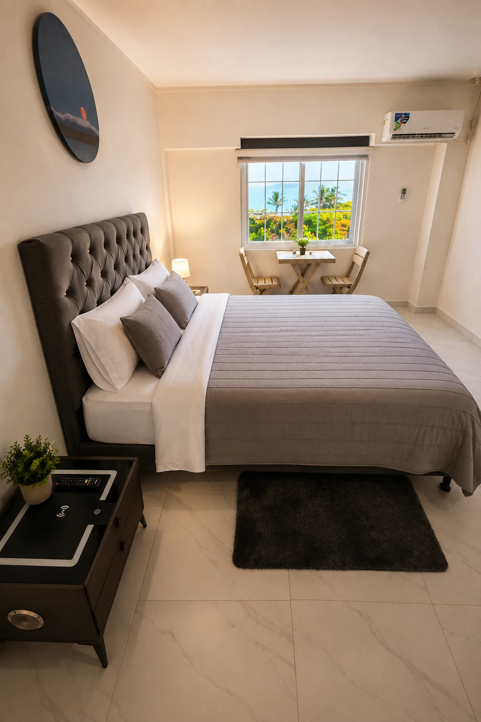 Cama vestida en gris junto a una ventana con vista al mar y a Johnny Cay.