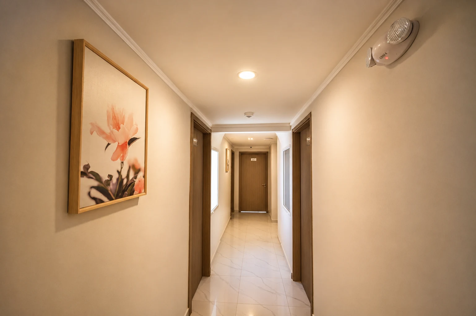 El corredor interior, con piso de mármol y puertas de madera.