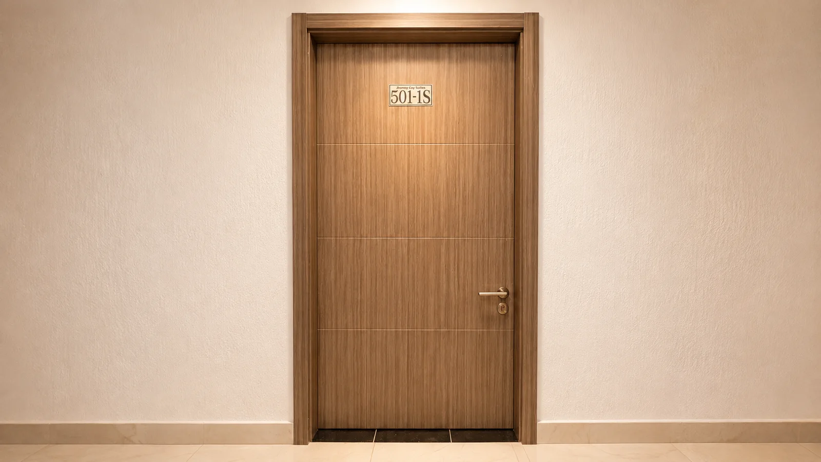 Puerta de madera de una suite con la placa 501-1S.